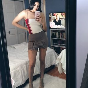 Nude lace up mini skirt